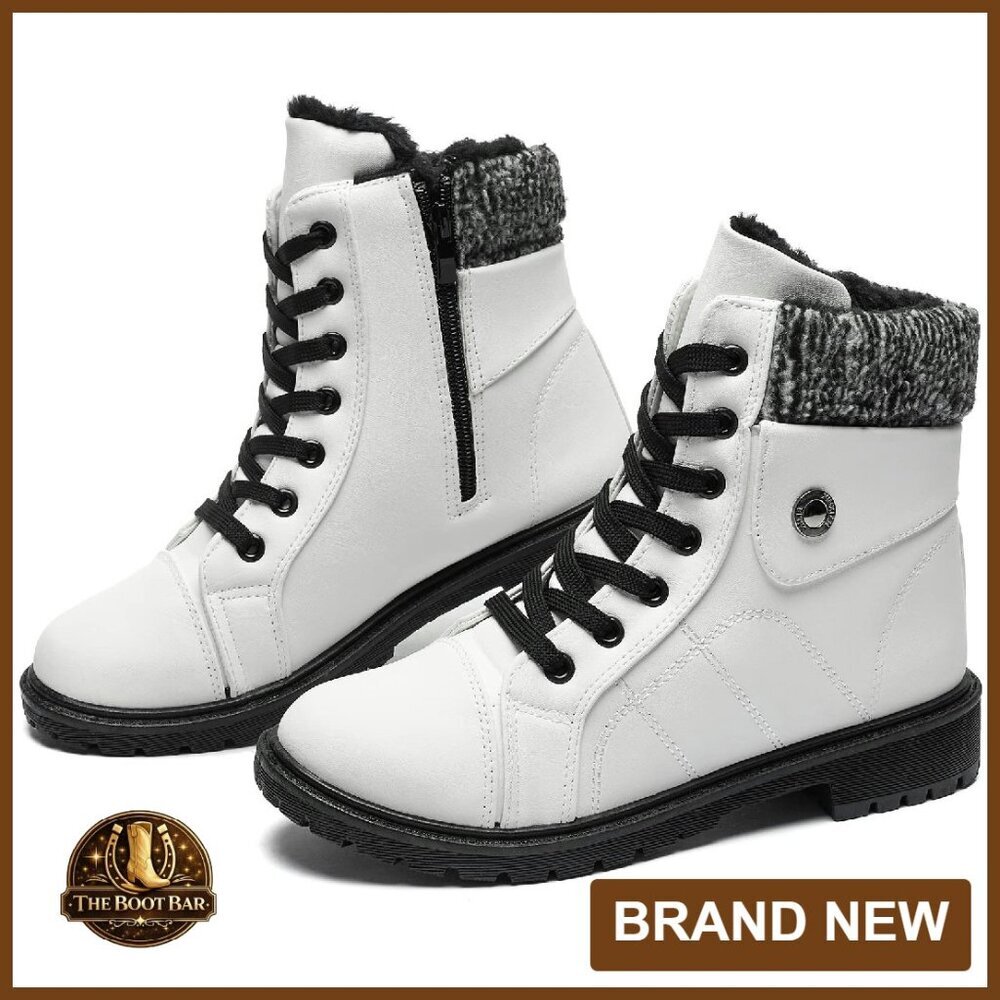 Women's PU Leather Combat Boots Warm Fur Lined Ankle Booties Side Zipper